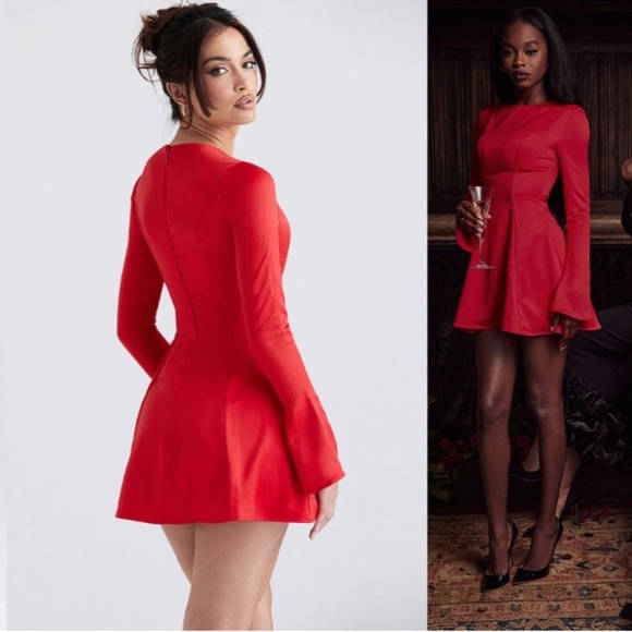 NWOT HOUSE OF CB Sacha Red Bell Long Sleeves Satin Mini Dress sz L
